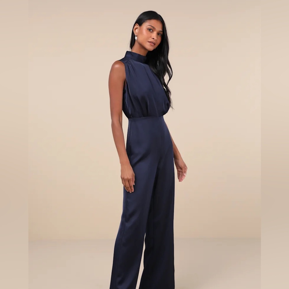 Lulu’s Classic Elegance Navy Blue Satin Sleeveless Mock Neck Jumpsuit